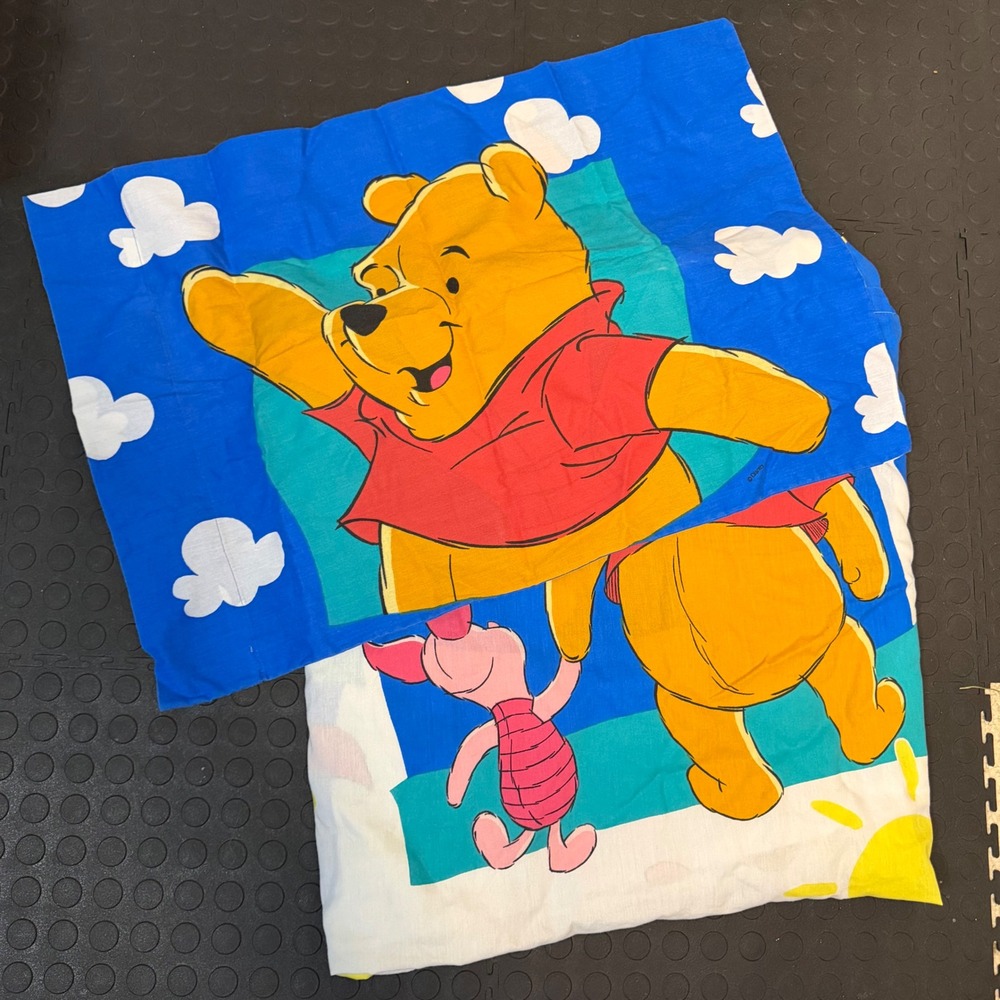 Vintage Disney Winnie the Pooh Piglet Twin Sheet Set Pillowcase Flat Blue 90s